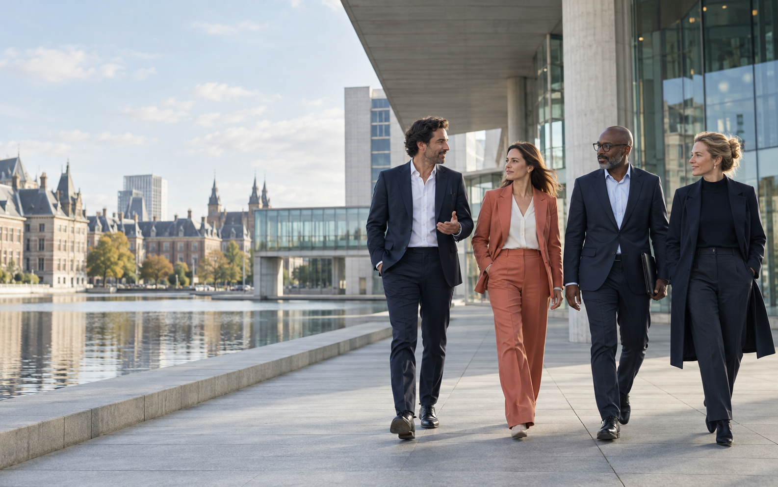 Professionals lopen samen door een moderne Nederlandse werkomgeving